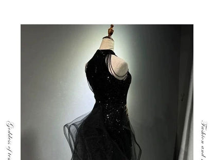 Embroidered Halter Sleeveless Evening Sequined Neck Gown Maxi