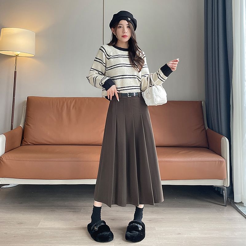 High Rise Plain Midi A-Line Skirt