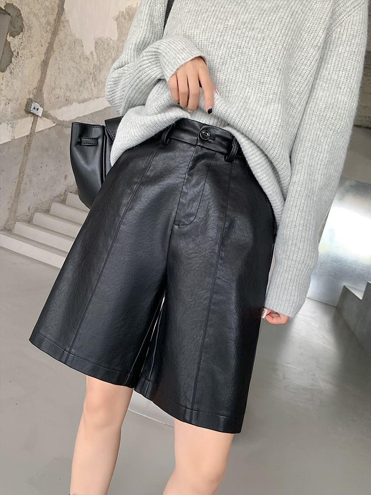 High Waist Plain Faux Leather Shorts