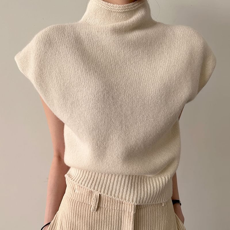 Cap Sleeve Mock Neck Plain Knit Top