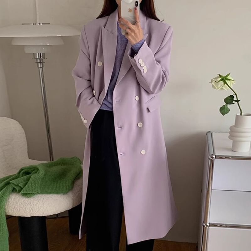 Peak Lapel Plain Midi Double Breasted Coat