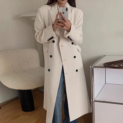 Peak Lapel Plain Midi Double Breasted Coat