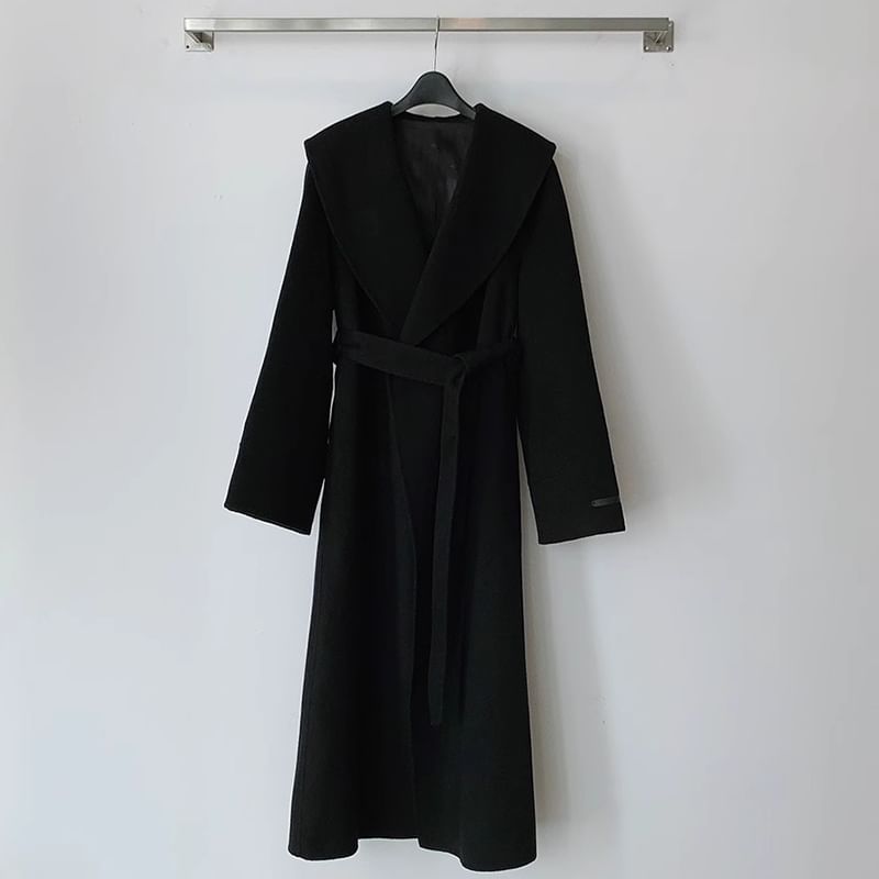 Collared Plain Midi Tie Front Coat