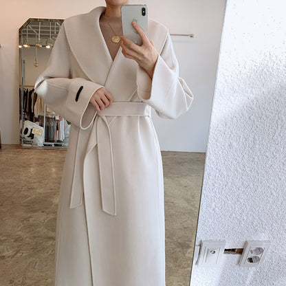 Collared Plain Midi Tie Front Coat