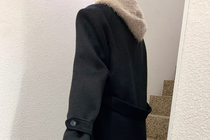 Collared Plain Midi Double Breasted Coat