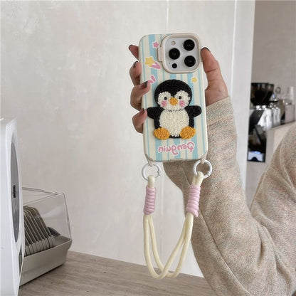 Penguin Embroidered Phone Case / Strap / Set - iPhone 16 Pro Max / 16 Pro / 16 Plus / 16 / 15 Pro Max / 15 Pro / 15 Plus / 15 / 14 Pro Max / 14 Pro / 14 Plus / 14 / 13 Pro Max / 13 Pro / 13 / 13 Mini