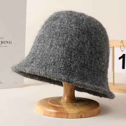 Fuzzy Hat Plain Bucket Knit