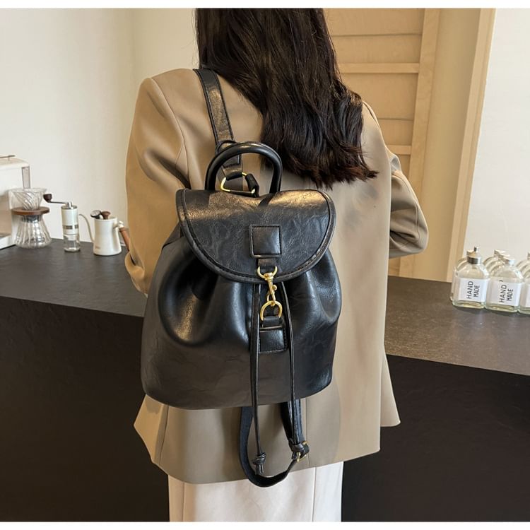 Plain Leather Backpack Flap Faux