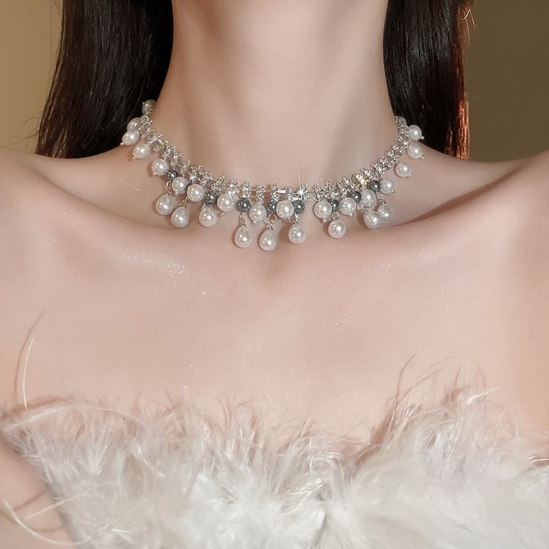 Faux Necklace Rhinestone Pearl Fringed