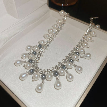 Faux Necklace Rhinestone Pearl Fringed
