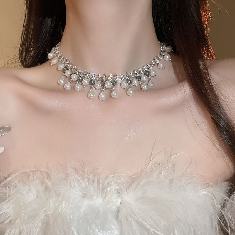 Faux Necklace Rhinestone Pearl Fringed