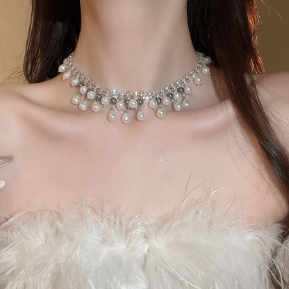 Faux Necklace Rhinestone Pearl Fringed