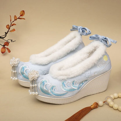 Heel Embroidered Wedge Pumps Fleece-Lined