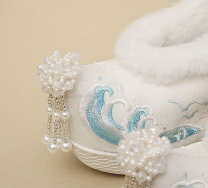 Heel Embroidered Wedge Pumps Fleece-Lined