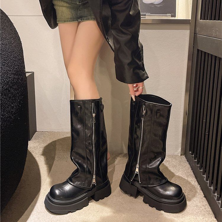 Knee Boots Buckled High Platform Zip Panel