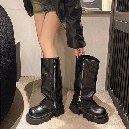 Knee Boots Buckled High Platform Zip Panel