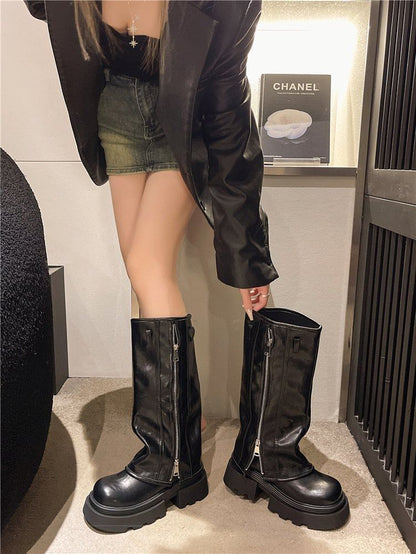 Knee Boots Buckled High Platform Zip Panel