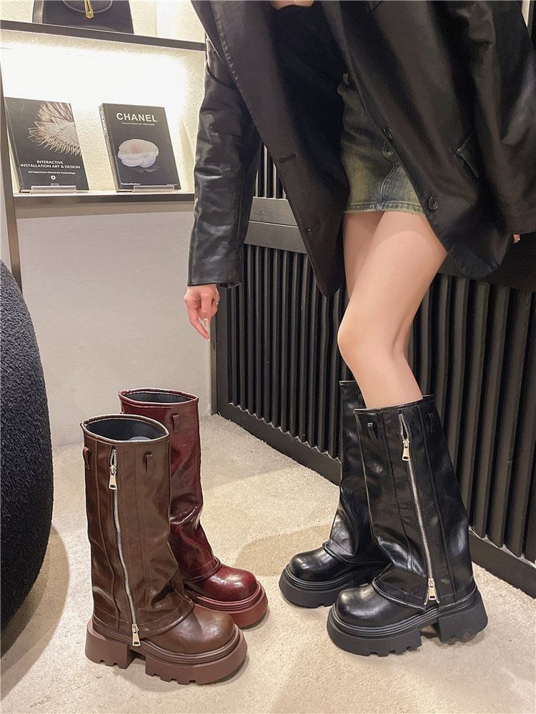 Knee Boots Buckled High Platform Zip Panel