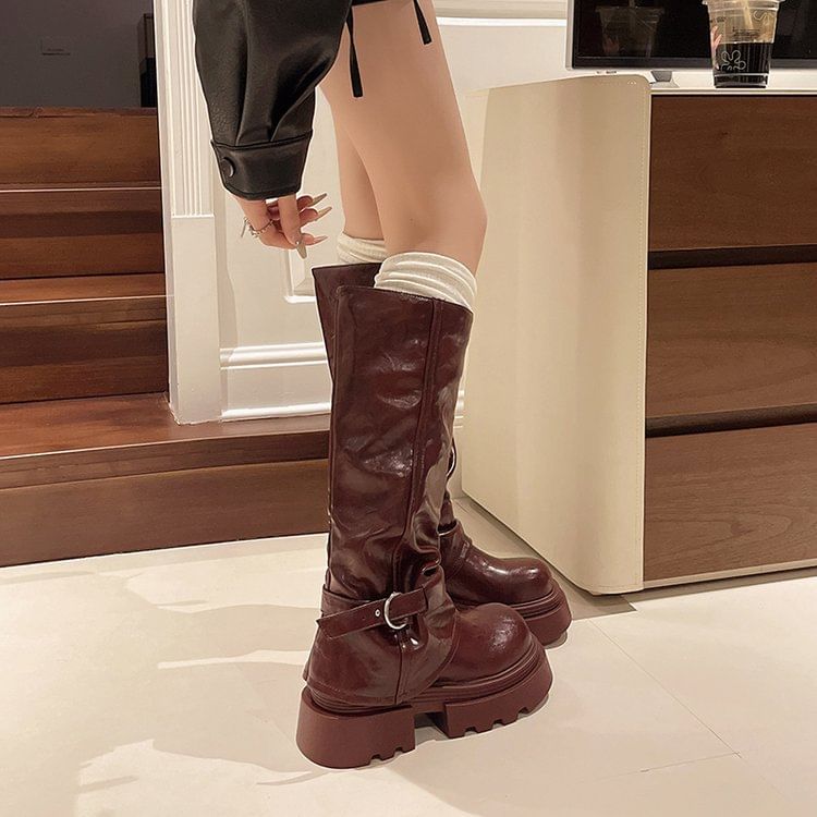 High Knee Panel Boots Buckled Platform
