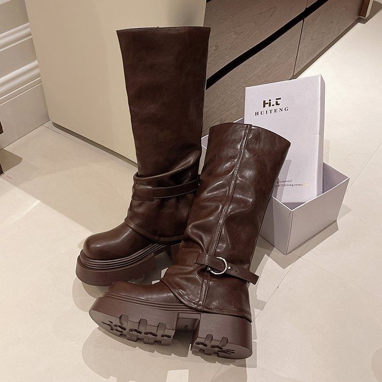 High Knee Panel Boots Buckled Platform