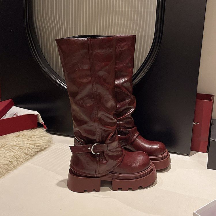 High Knee Panel Boots Buckled Platform