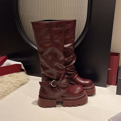 High Knee Panel Boots Buckled Platform