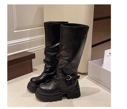 High Knee Panel Boots Buckled Platform