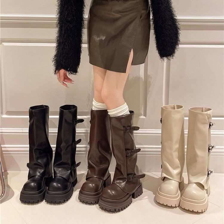 Platform Boots Buckled Panel High Knee