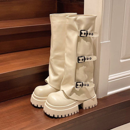 Platform Boots Buckled Panel High Knee