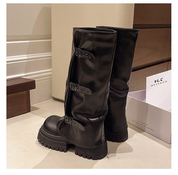 Platform Boots Buckled Panel High Knee