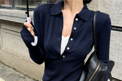 Long Sleeve Polo Collar Plain Button Up Cropped Knit Top