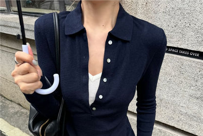 Long Sleeve Polo Collar Plain Button Up Cropped Knit Top