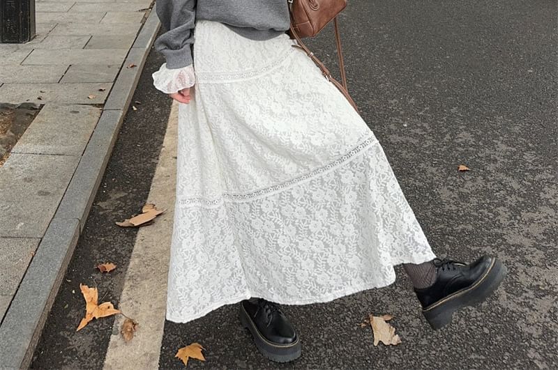 High Rise Lace A-Line Maxi Skirt / Round Neck Lettering Oversized Sweatshirt