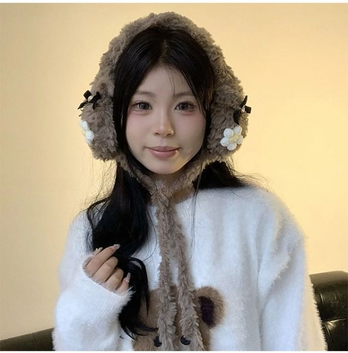 Bow Flower Crochet Earmuffs Fluffy
