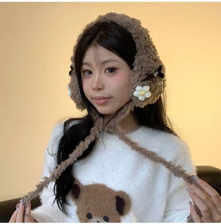 Bow Flower Crochet Earmuffs Fluffy