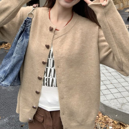 Heart-Button Round-Neck Cardigan