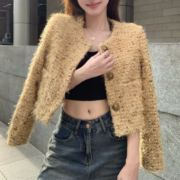 Round Neck Fluffy Button Cropped Jacket