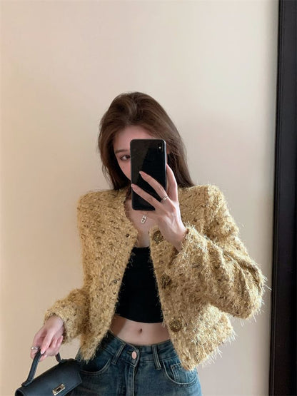 Round Neck Fluffy Button Cropped Jacket