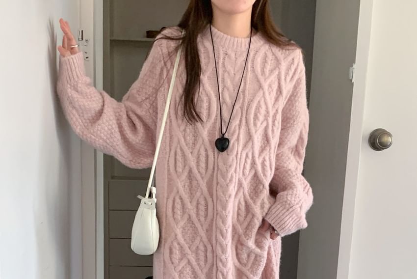 Long Sleeve Crew Neck Plain Cable Knit Maxi Sweater Dress