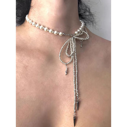 Faux Pearl Beaded Lariat Necklace / Bow Drop Earring