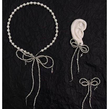 Faux Pearl Beaded Lariat Necklace / Bow Drop Earring