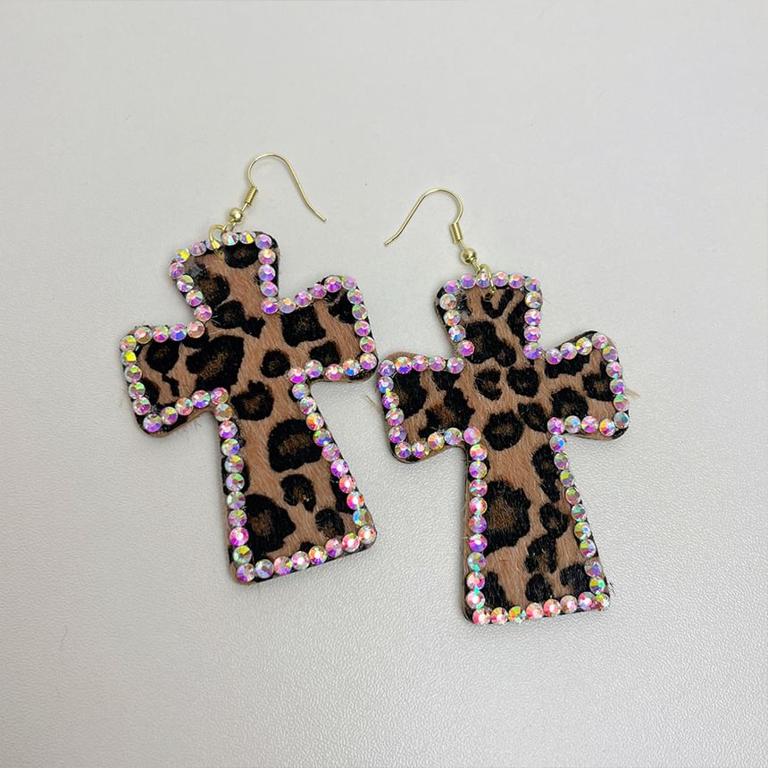 Rhinestone Leopard Cross Drop Earring