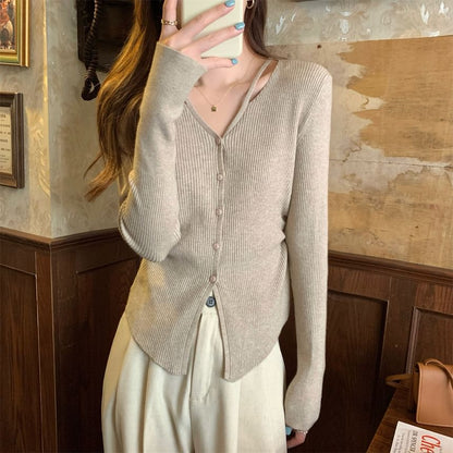 Long Sleeve V-Neck Plain Button Ribbed Knit Top