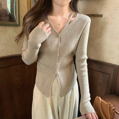 Long Sleeve V-Neck Plain Button Ribbed Knit Top