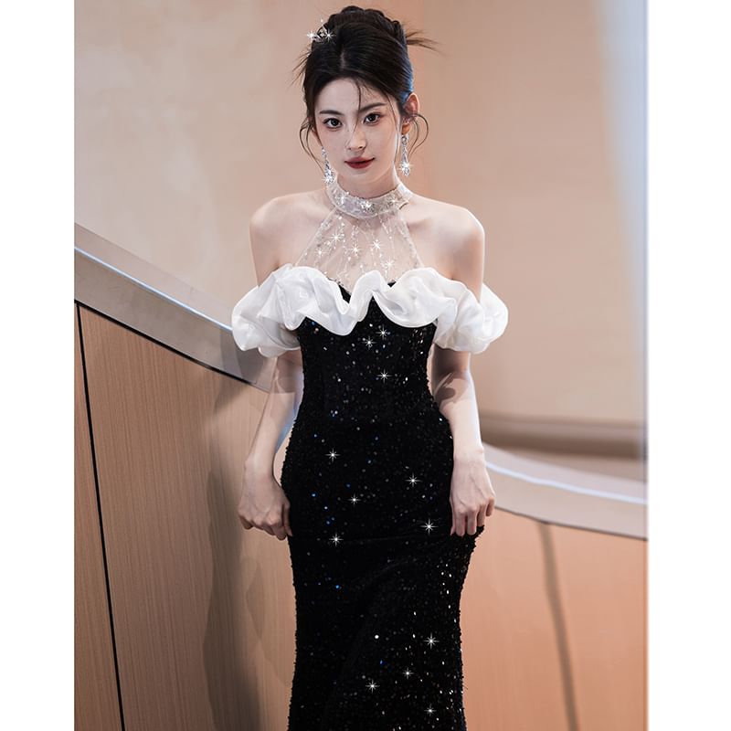 Short-Sleeve Cold Shoulder Sequin Mermaid Evening Gown