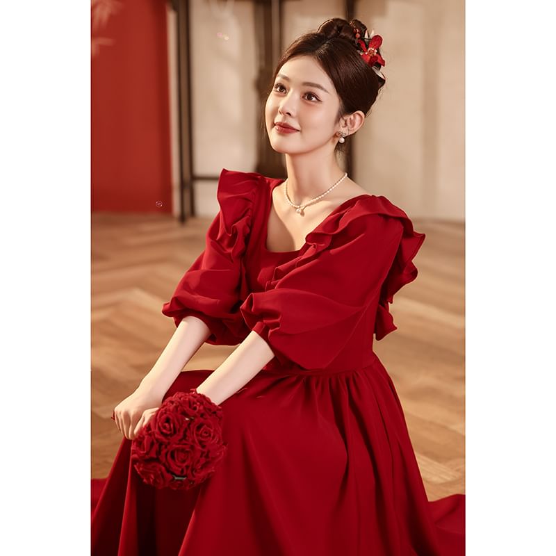 Puff-Sleeve Square Neck Plain A-Line Evening Gown