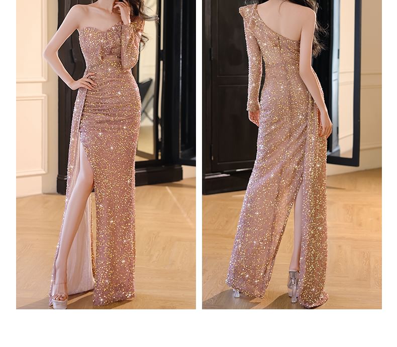 One-Sleeve Sequin Sheath Evening Gown