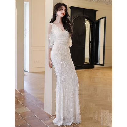 Elbow-Sleeve Cold Shoulder V-Neck Fringed Mermaid Evening Gown