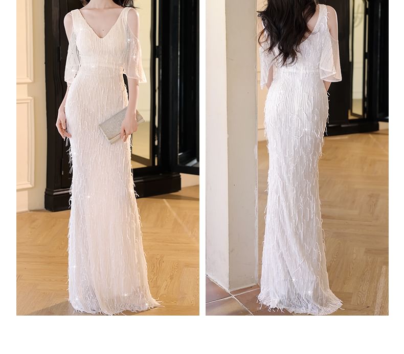 Elbow-Sleeve Cold Shoulder V-Neck Fringed Mermaid Evening Gown