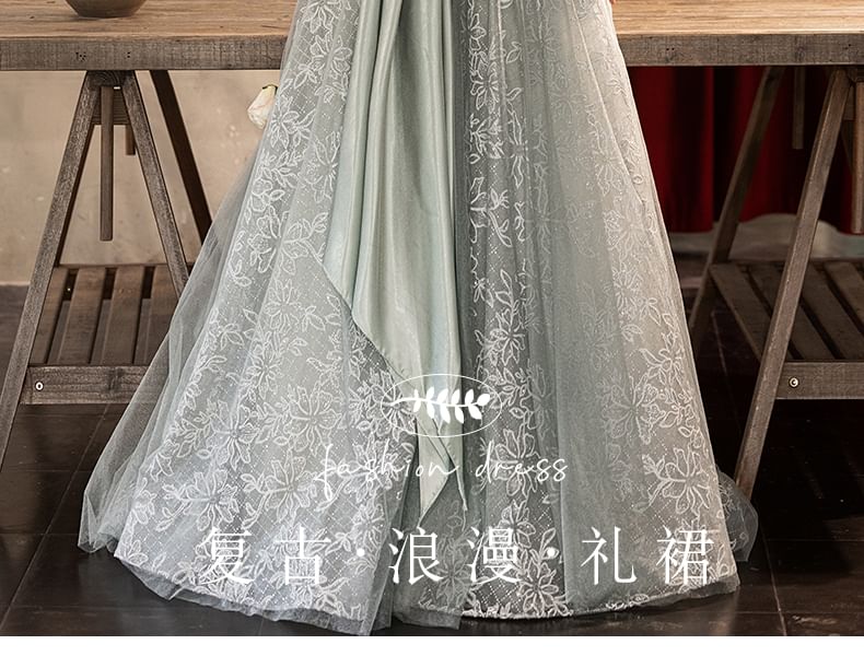 Short-Sleeve V-Neck Mesh A-Line Evening Ball Gown